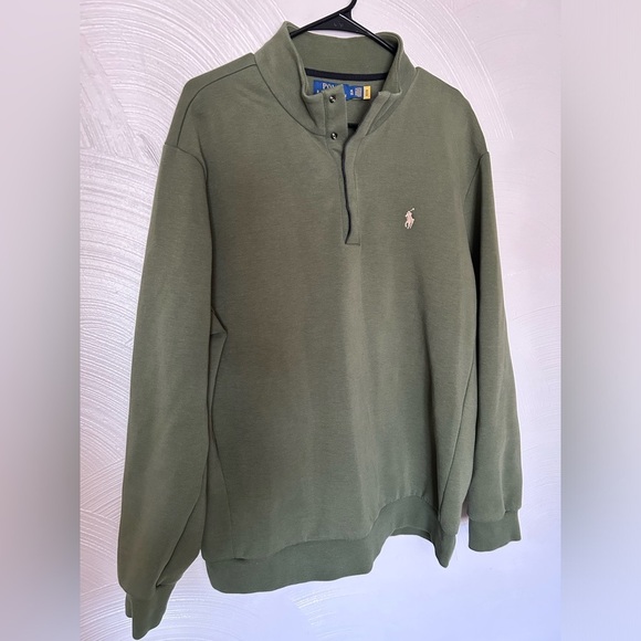 Polo Ralph Lauren Sweatshirt Mens XL Olive 1/4 Snap Button Double Knit Preppy - Picture 1 of 4